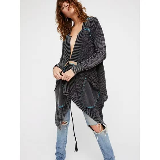 FP Cardigan de malha de linho de algodão com bainha Irregular exclusiva e desgastada