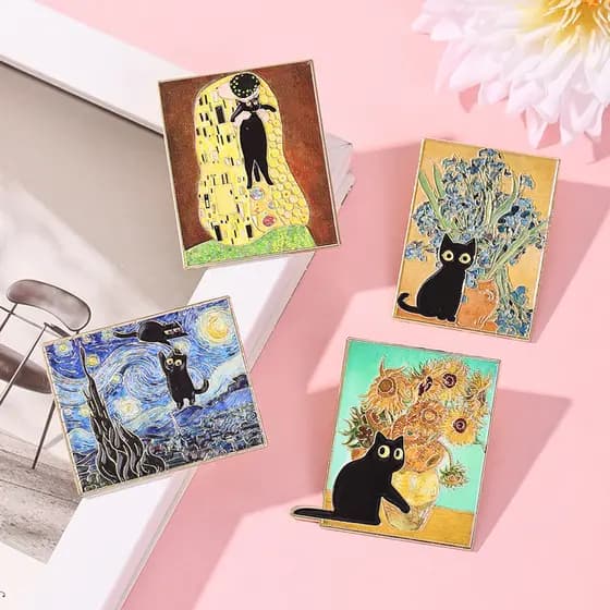Novo estilo Van Gogh pintura a óleo gato preto série emblema pintura mundialmente famosa gato preto Material de liga de