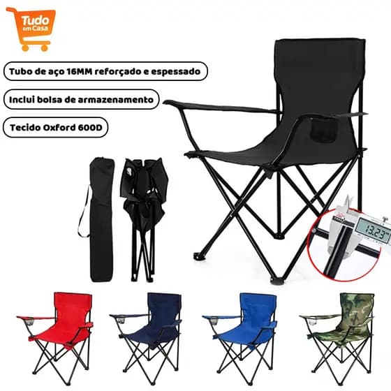 Cadeira Portátil De Aço Dobrável Com Porta Copos Apoio de Costas Para Camping e Pesca