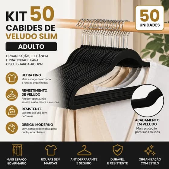 Kit 50 Cabides Veludo De Roupa Antideslizante Slim Adulto