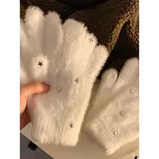 Estrelas cerosas macias!Luvas de dedo dividido de pelúcia branca feminino inverno 2025 novo estilo bonito All-Match estu