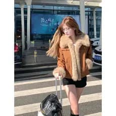 Design sentido Meilade Retro marrom estilo coreano casaco peludo feminino outono inverno curto Denim engrossado acolchoa