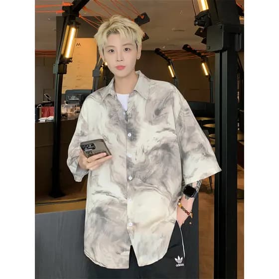 Tinta Tie-Dye manga curta masculina verão americano café cor de secagem rápida camisa de seda gelo na moda estilo pregui