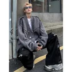 Nicho desconstrução zíper Cardigan camisola masculina outono inverno cinza indústria pesada destruição Design americano