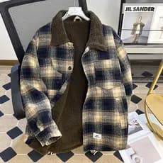 Americano Retro xadrez cordeiro velo acolchoado jaqueta masculina Street Wear contraste cor xadrez inverno engrossado qu