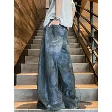 Calças de brim rasgadas sujas masculinas americanas Retro street wear perna larga High street Design sentir reverso usar