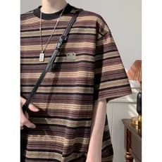 Estilo japonês puro algodão listrado camiseta masculina verão Retro Street Wear solto Casual meia manga topo casal curto
