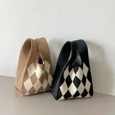 K malha mão losango para fora pequena bolsa bolsa de malha Outing pequena bolsa de pulso japonês