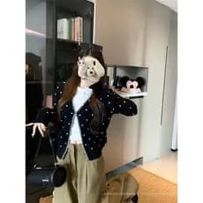 PPHOME Preto Polka Dot Manga Comprida Cardigan De Malha Mulheres Outono Coreano Casual Suéter Exterior Jaqueta Solta Top