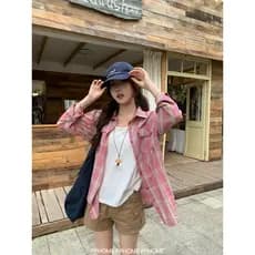 PPHOME Caseiro ~ Literário Sênior Estilo Coreano Atmosfera Camisa Xadrez Verão Mulheres Soltas All-Match Camisa Xadrez T