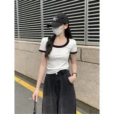 PPHOME estilo coreano temperamento bainha contraste cor em torno do pescoço de manga curta camiseta feminina verão Forma