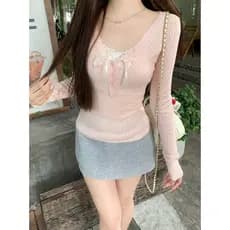 PPHOME Rosa com decote em V abotoado torção malhas femininas outono suave camisa de fundo interno fino ajuste mais magro
