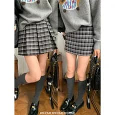 PPHOME Caseiro ~ Saia Xadrez Cintura Alta A Linha Saia De Lã Outono Inverno All-Match Slimmer Look Saia Plissada
