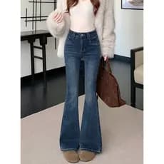 PPHOME pequena menina quente cintura alta queimado Jeans feminino outono inverno forro de lã engrossado em linha reta fe