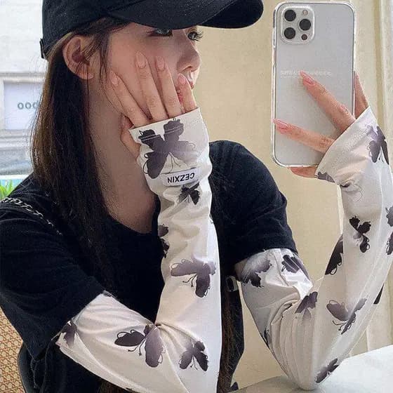 Gradiente borboleta gelo seda protetor solar manga bonito feminino luvas à prova de ultravioleta verão ciclismo condução