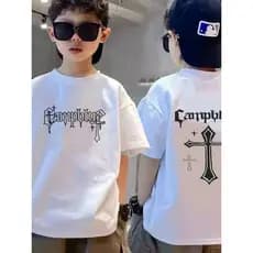 Meninos camiseta de manga curta Street Wear cruz 2025 verão novo estilo médio grande crianças soltas meia manga puro alg