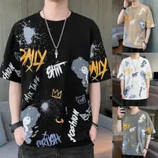 2026 verão novo estilo de manga curta camiseta masculina em torno do pescoço meia manga solta na moda roupas superiores