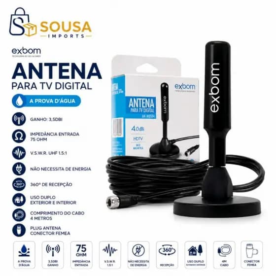 Antena Digital Hdtv Uhf Vhf Base Imã Prova D'água - Exbom Cabo 4 Metros