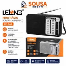 Rádio Portátil Lelong LE-662 AM/FM Analógico Recarregável e a Pilha