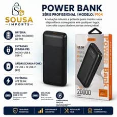 Power Bank BYZ P104 de 20.000mAh Rápido com 2 Saídas USB P104