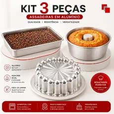 Kit 3 Assadeiras de Bolo, Forma Retangular, Forma de Pudim e Forma Charlotte em Alumínio