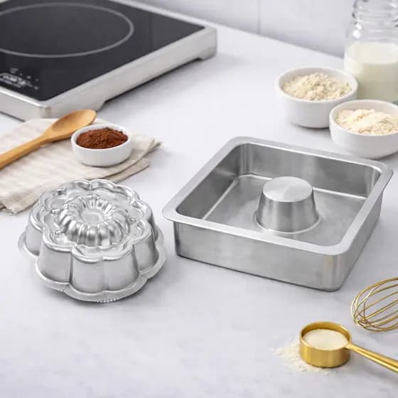 Kit Formas de Bolo Alumínio, Forma de Pudim Quadrada + Forma Flor Assadeiras Pequenas Forno elétrico
