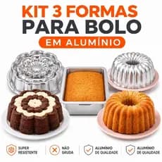 Kit 3 Formas de Bolo Alumínio, Forma de Bolo Suíça + Forma Flor + Forma Retangular - Forno Airfryer