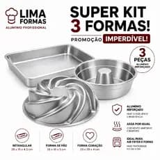 Kit Completo 3 Formas Alumínio Para Bolos, Forma Pudim, Forma Vulcão e Forma Retangular Profissional