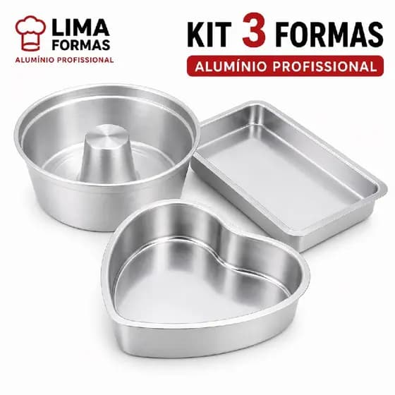 Kit 3 Formas de Bolo Completo em Alumínio, Forma Retangular, Forma Coração, Forma de Pudim Suíça