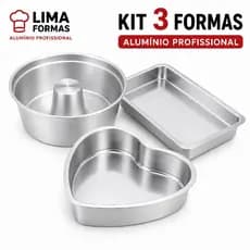 Kit 3 Formas de Bolo Completo em Alumínio, Forma Retangular, Forma Coração, Forma de Pudim Suíça