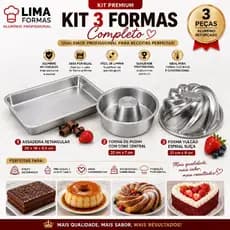 Kit 3 Assadeiras, Forma Retangular, Vulcão, Forma de Pudim Alumínio Profissional