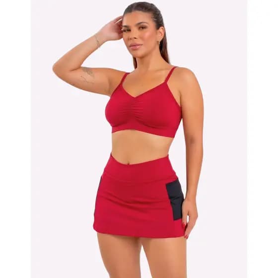 Conjunto e Top Poliamida Bermuda Fitness Academia Zero Transparencia Feminina Cintura Alta