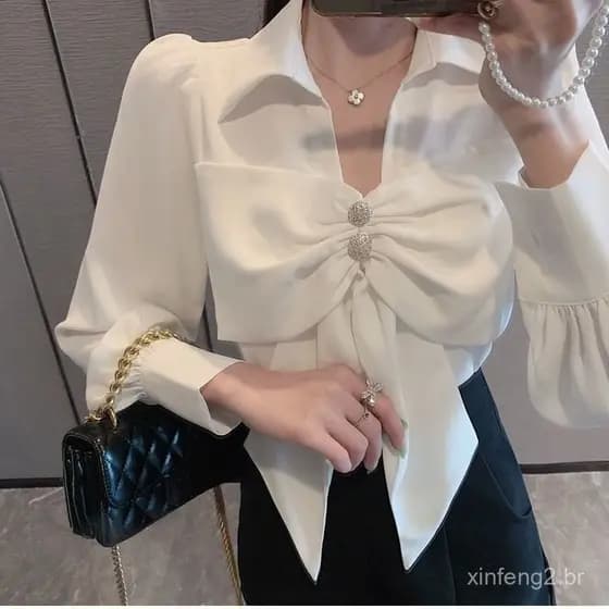 Camisa Feminina com Laço, Manga Longa, Estilo Primavera e Outono, Versão Coreana, Corte Solto, Camisa Francesa Elegante