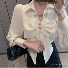 Camisa Feminina com Laço, Manga Longa, Estilo Primavera e Outono, Versão Coreana, Corte Solto, Camisa Francesa Elegante
