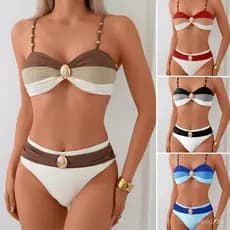 Biquíni de 2 Peças para Mulheres com Detalhes em Contas Metálicas e Design Recortado em Três Cores UJWP