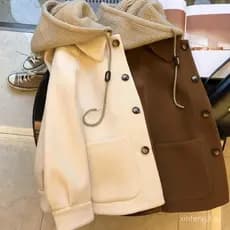 Novo Casaco de Lã Feminino para Outono/Inverno, Grande, Solto, de Tricô, com Capuz, Efeito Duas Peças, Grosso QAMN