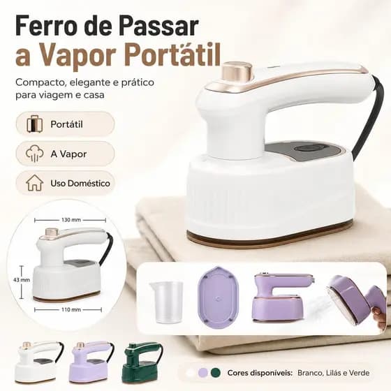 Ferro de Passar Roupas a Vapor Portátil JORGE, Mini Ferro Elétrico para Viagem e Casa, Compacto com Copo para Água
