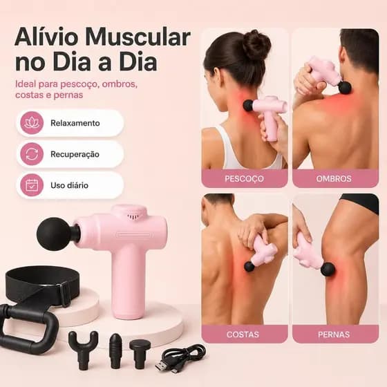 Massageador Elétrico Portátil Muscular com Fita Massageadora, 6 Velocidades, 4 Ponteiras, USB Recarregável, Mini Massage