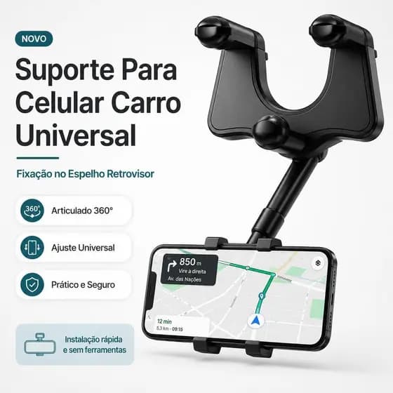 Suporte Para Celular Carro Universal 360° com Fixação no Espelho Retrovisor, Ajustável, Dobrável e Sem Ferramentas