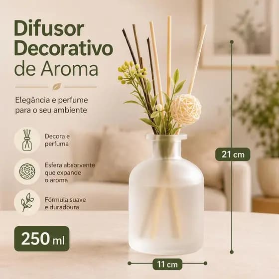Difusor de Aromas Decorativo 250ml com Varetas e Esfera Absorvente – Frasco Fosco para Sala, Quarto, Banheiro e Escritór