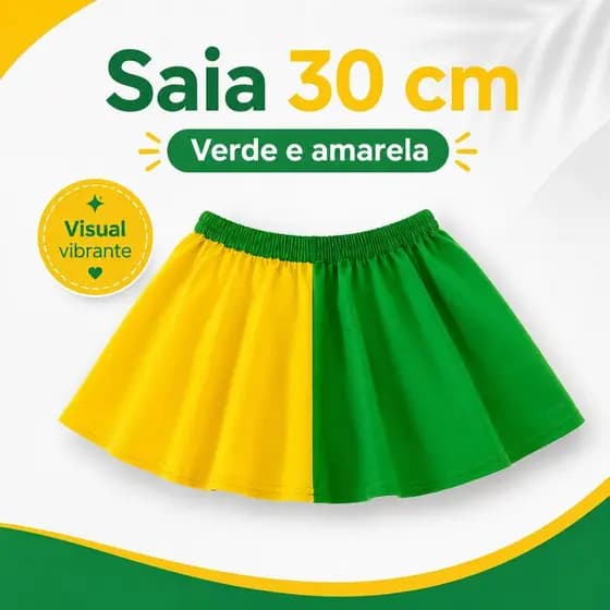 Saia 30 cm Verde e Amarela Bicolor, Modelo Rodado com Cintura Elástica para Torcida, Fantasia e Looks Temáticos