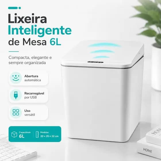 Lixeira Inteligente de Mesa 6L com Sensor Automático, Recarregável via USB, Compacta 20×20×22 cm para Escritório, Cozinh