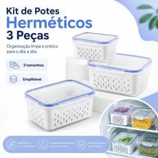 Kit 3 Potes Herméticos com Cesto Interno, Organizadores de Geladeira Empilháveis para Frutas, Legumes, Massas e Grãos