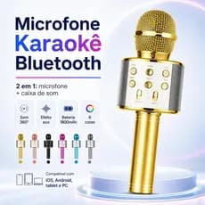 Microfone Karaokê Bluetooth Sem Fio 2 em 1 com Caixa de Som, Eco, Gravação, Som 360°, Bateria 1800mAh para Crianças