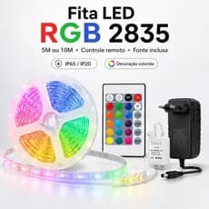 Fita LED RGB 2835 5M/10M com Controle Remoto e Fonte, Luz Colorida para Decoração, Quarto, TV, Festa e Natal