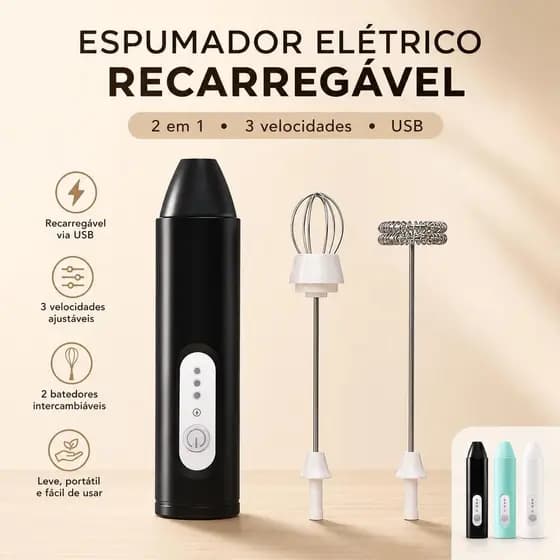 Espumador Elétrico Recarregável 2 em 1, Mixer Portátil com 2 Batedores, 3 Velocidades, USB para Leite, Café