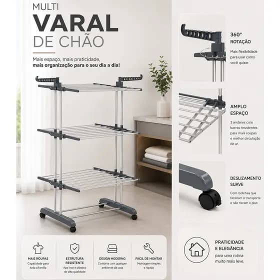 Varal Dobrável 3 Andares Antiferrugem com Cabideiro