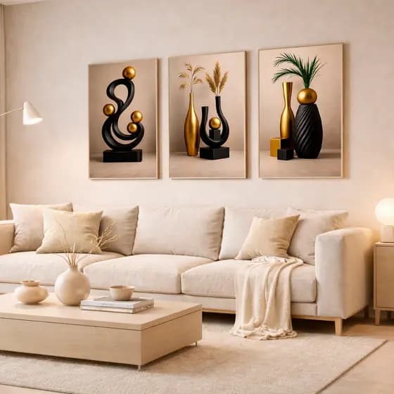 Trio Quadros Decorativos De Parede Geométrico Luxo Moderno 50X90 Sala Quarto Escritorio