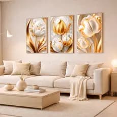 Quadro Decorativo Flores Tulipas Brancas Douradas 50X90