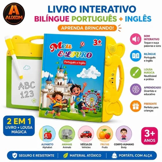 Livro Interativo Infantil Bilíngue Português Inglês - Educativo, Som Interativo e Lousa Mágica Reutilizável